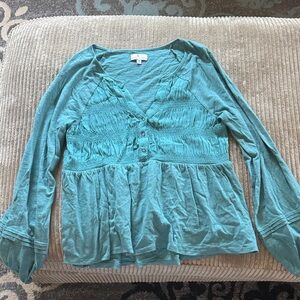 Women's Teal Long-Sleeve Smocked Peplum Top